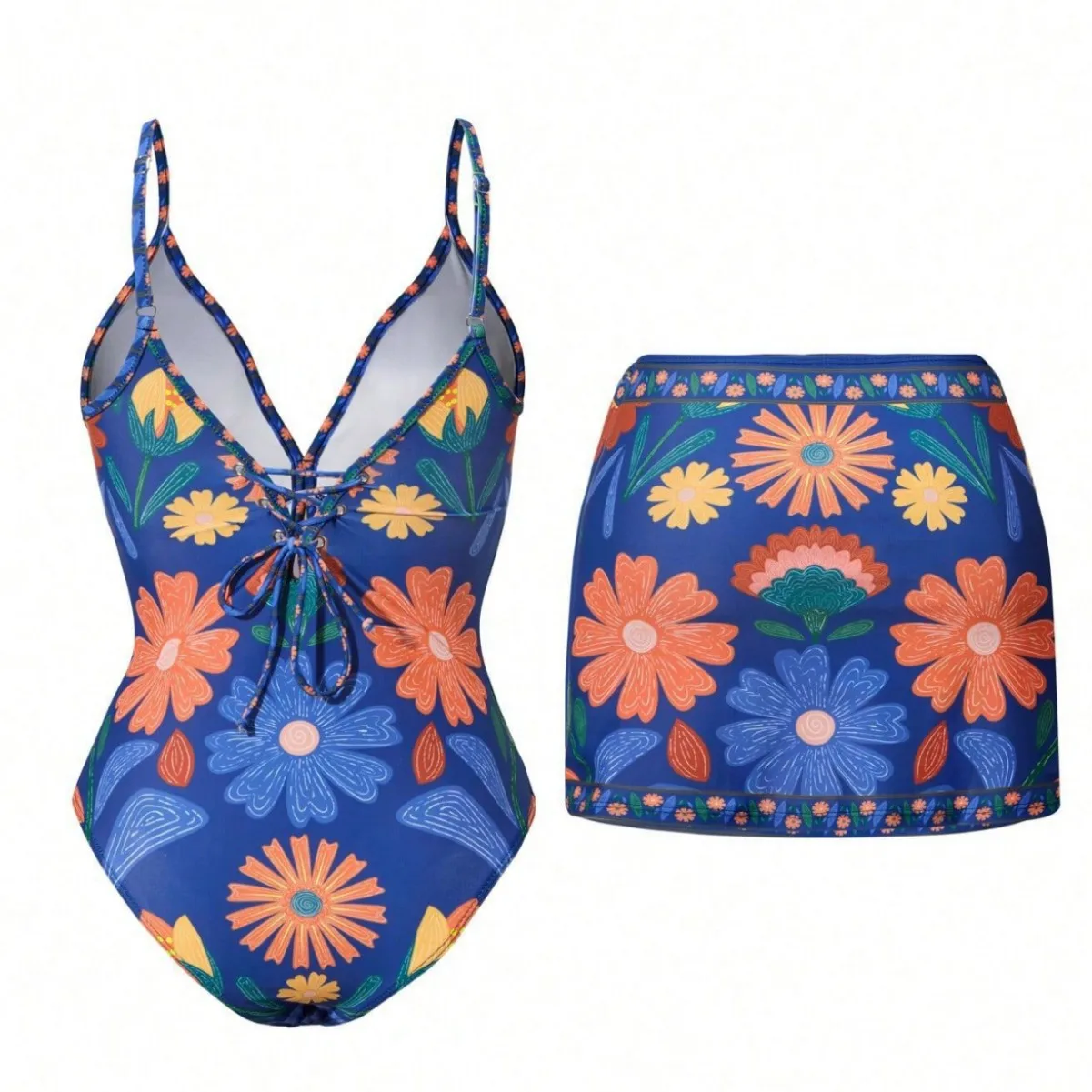 2026 Neuer einteiliger Badeanzug mit Vintage-Druck und Rock für Damen mit tiefem Rüschenrand und Farbblock-Nassanzug, grenzüberschreitend