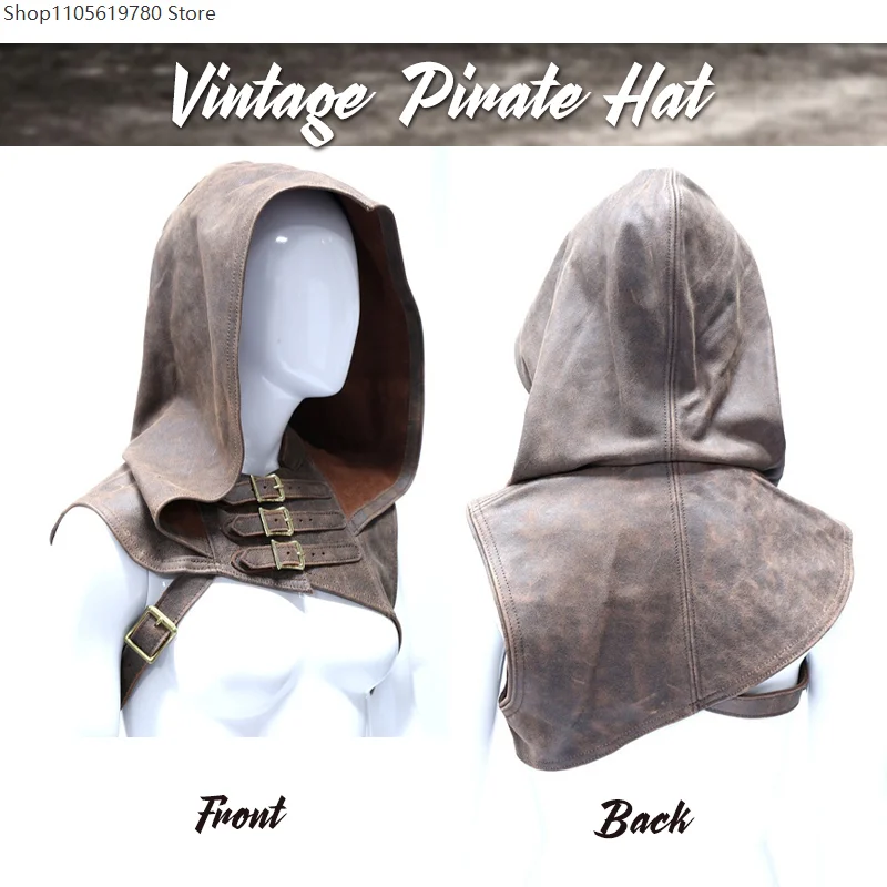Men Women Medieval Retro Leather Hooded Shawl Waistcoat Buckle Loop Shoulder Riding Warrior Cosplay Stage Performance Costume