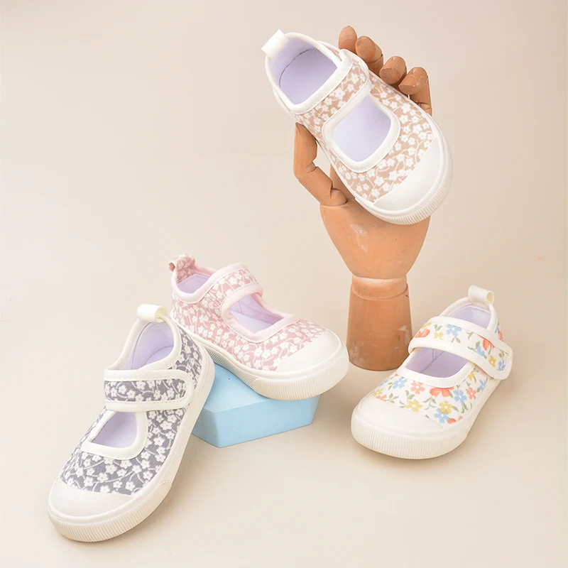 Spring Little Girls Small Floral Print Princess Canvas Children Good-looking Flat Casual Sneakers EK9S36