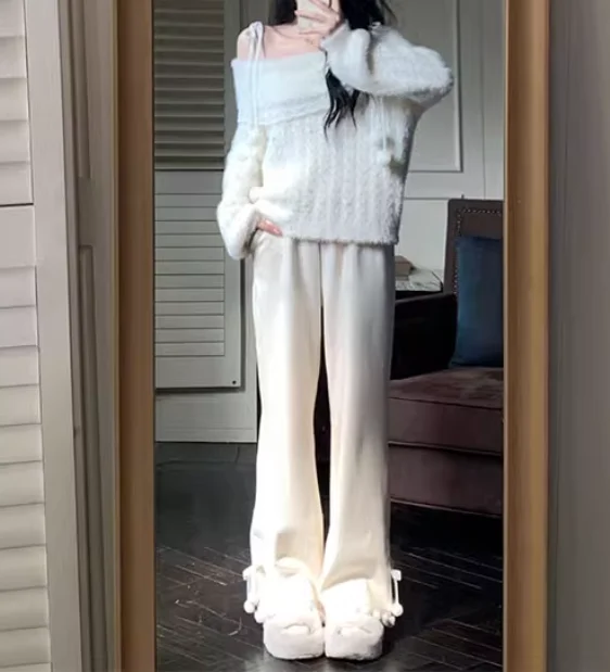 Large Size Women Autumn Winter Fleece Thickened Hairball Bow Knitted Wide-leg Pants Fashion Leisure Apricot Straight-leg Pantses