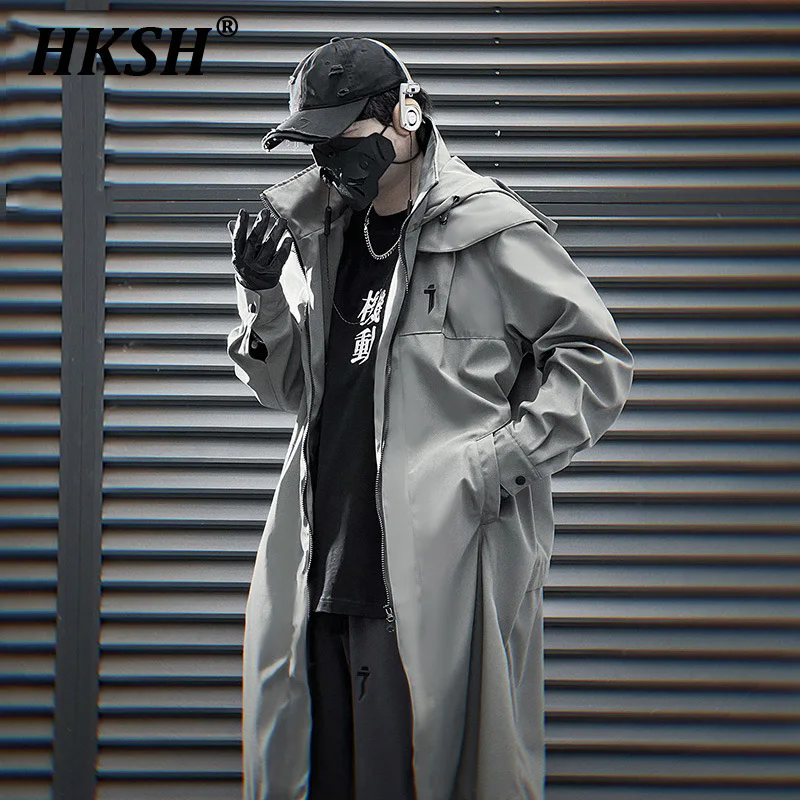 

HKSH Heavy Industry New Autumn Spring Tactical Safari Style Double Zipper Long Windbreaker Men Loose Casual Hooded Trench HK2454