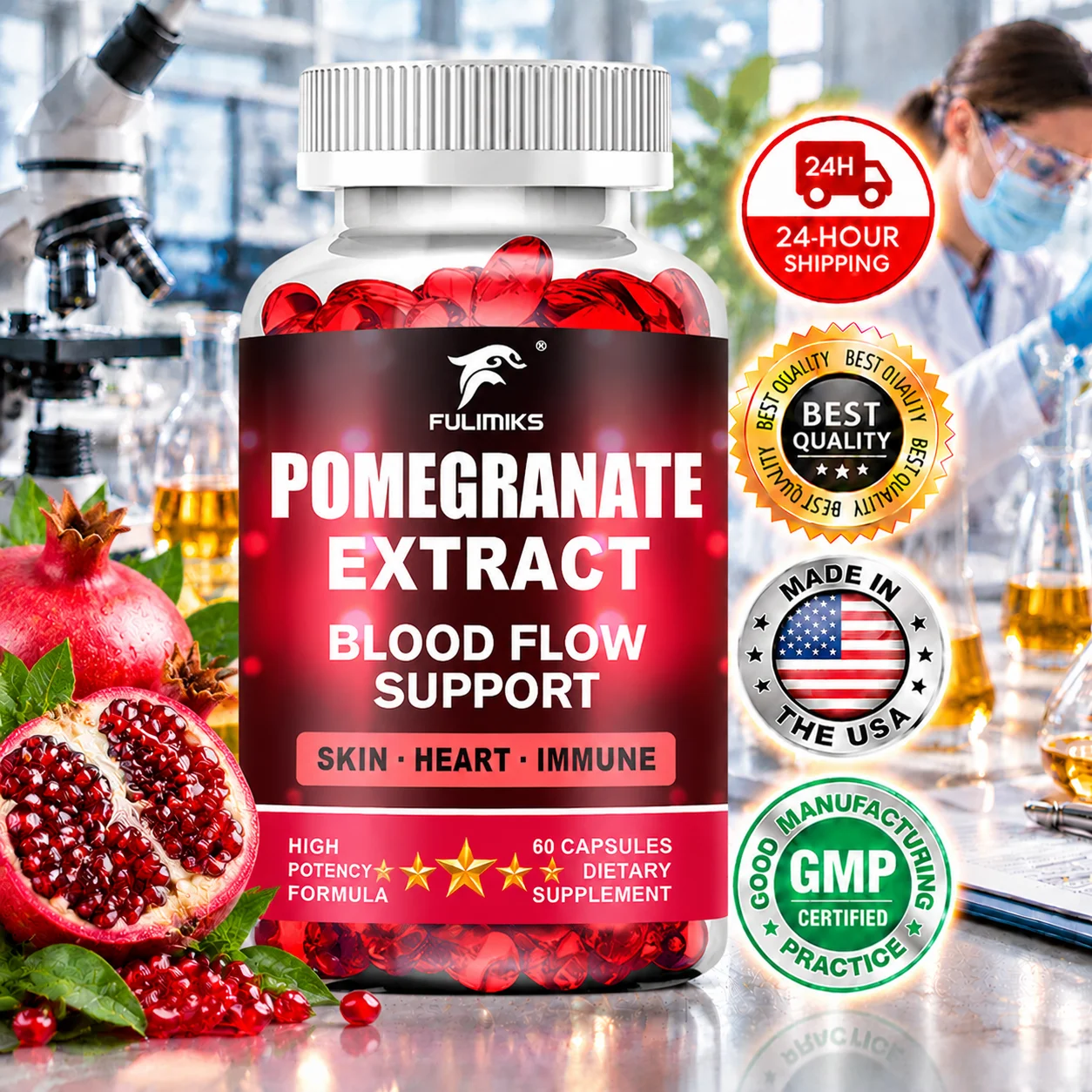 Pomegranate Extract Capsules, with Coenzyme Q10 Resveratrol, Support Heart & Brain, Blood, Cardiovascular, Skin Health, Immune