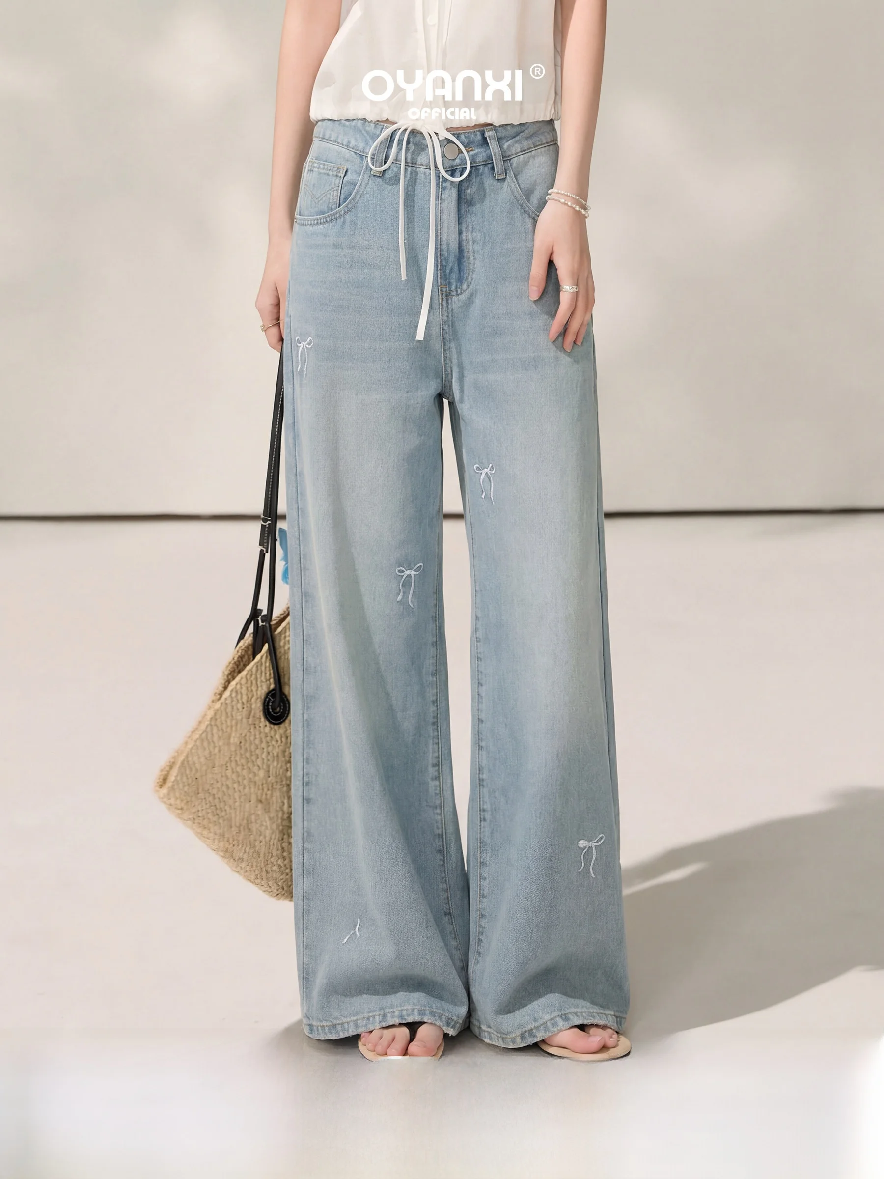 

Blue Embroidered High Waist Straight Leg Women's Jeans Knot Stitching Dongzi Paofang High Waist Long Pants