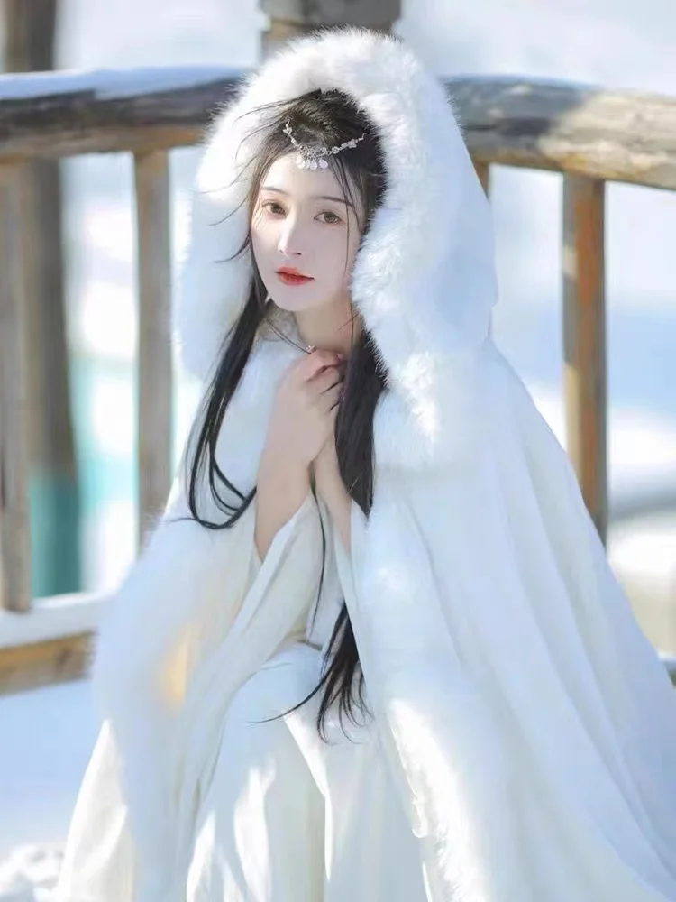 Manto hanfu de pelúcia branco feminino, traje tradicional chinês, antigo cosplay de fadas, manto exterior fotográfico, grosso, inverno