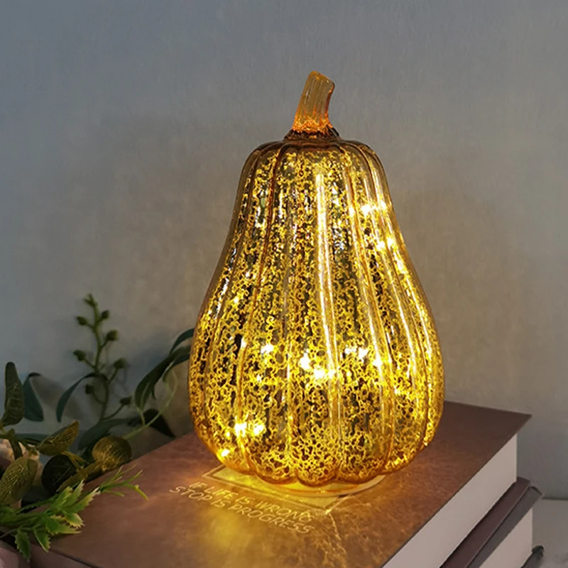 Battery Operated Halloween Pumpkin Lantern Glass Pumpkin Light Halloween Party Decoration LED Pumpkin Lamp Home Table Ornaments