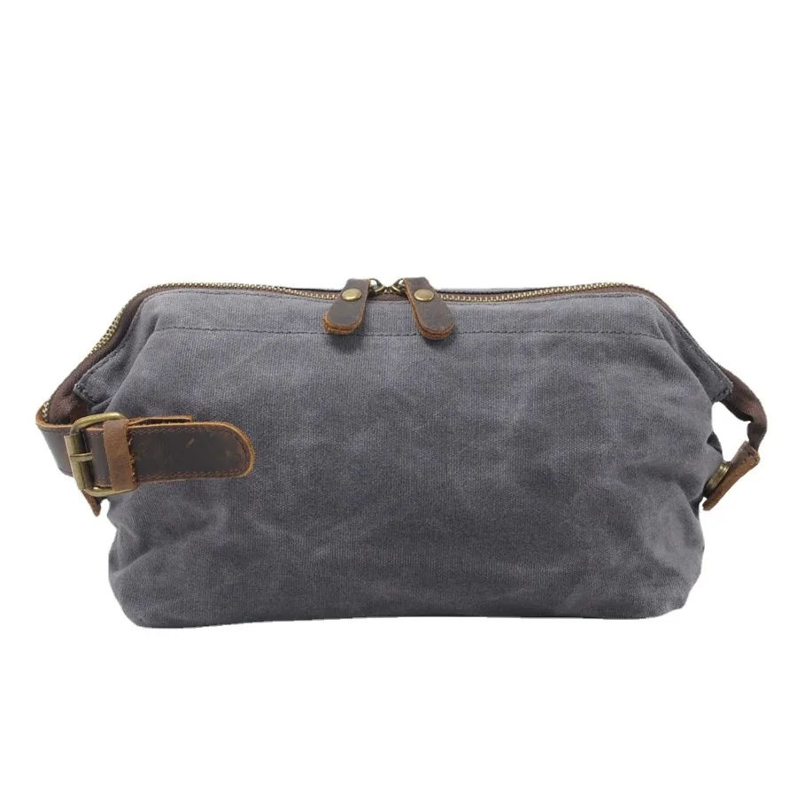 

【New style】 men's grab bag oil wax canvas wash bag retro grab bag layer cowhide wrist bag