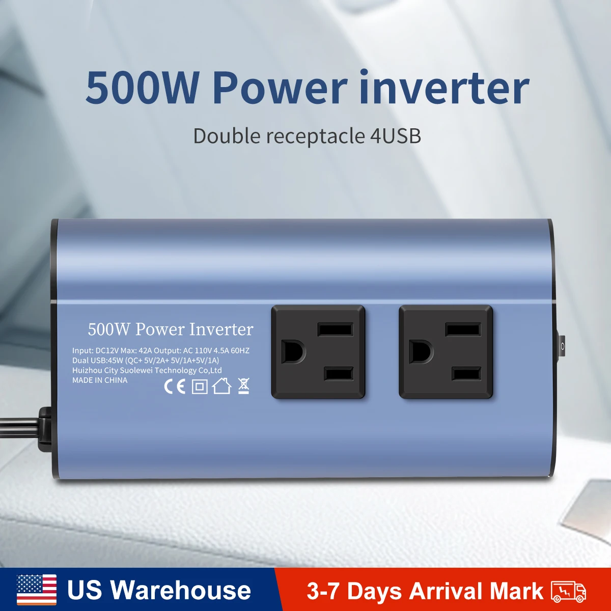 

500W Double receptacle 4USB Modified Frequency Inverter DC12V To AC 110V Ports Car Adapter Portable Inverter