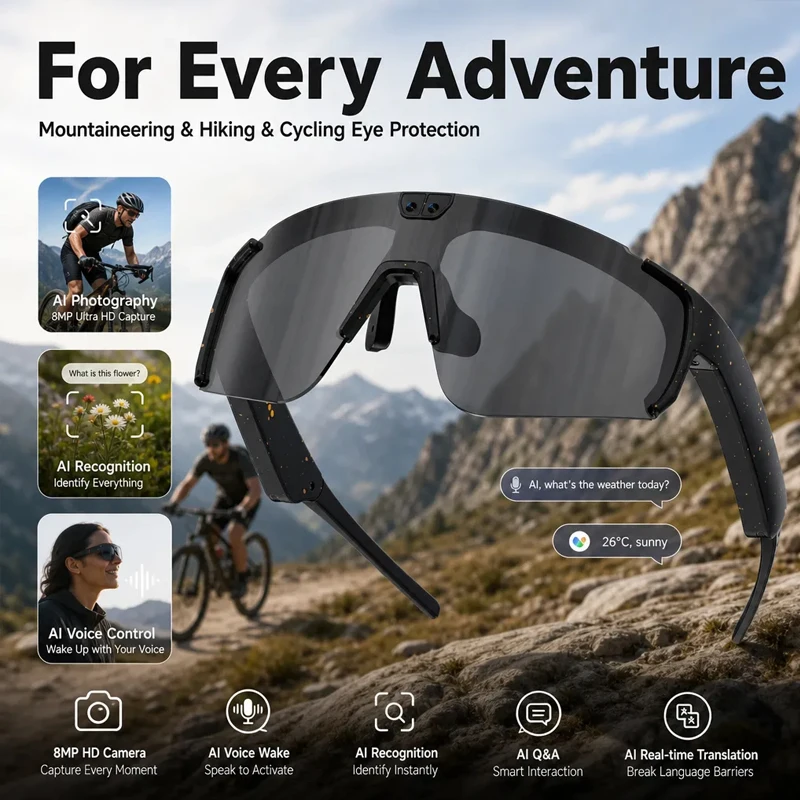 AI Smart Cycling 800W Camera Sunglasses Men 2026 Sports Recording Translation Eyewear Headphones Outdoor Goggle Shades UV400