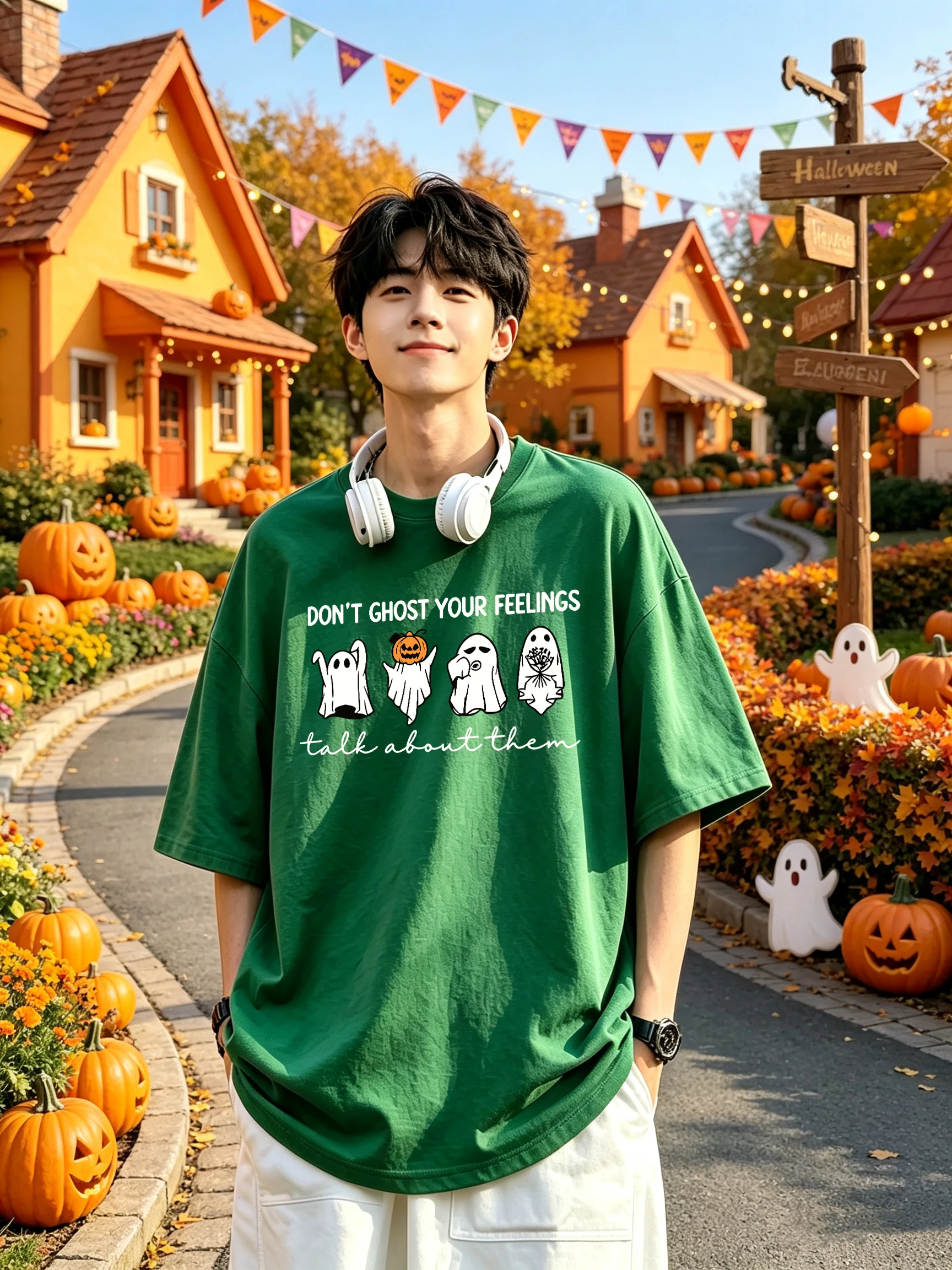 Simple Line Ghosts Halloween Print Breathable T Shirts Men All-Match Cotton T-Shirt Loose Summer Hip Hop Top Street Short Sleeve