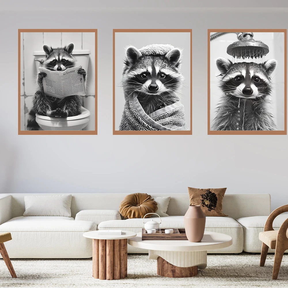 Cute Raccoon in the Toilet Posters Print Picture Funny Animal Black and White Wall Art Canvas Painting for Bathroom Home Decor