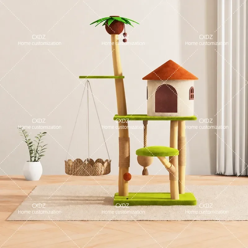 Cat Climbing Frame with Nest and Tree Integrated Solid Wood Cat Shelf All Season Universal Household Space Saving Hanging