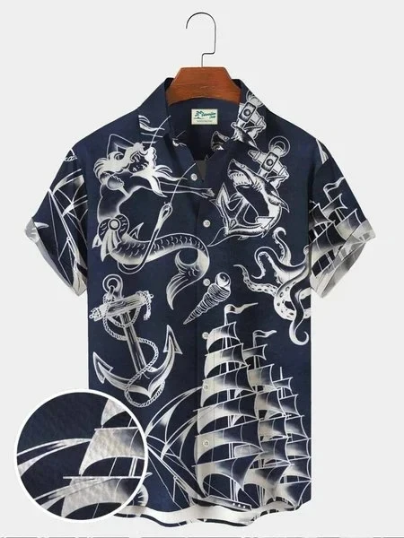 Men Women Japanese Style Printed Shirt Pattern Design Short Sleeve Shirt Fashion Seaside Casual Button Shirt Tops