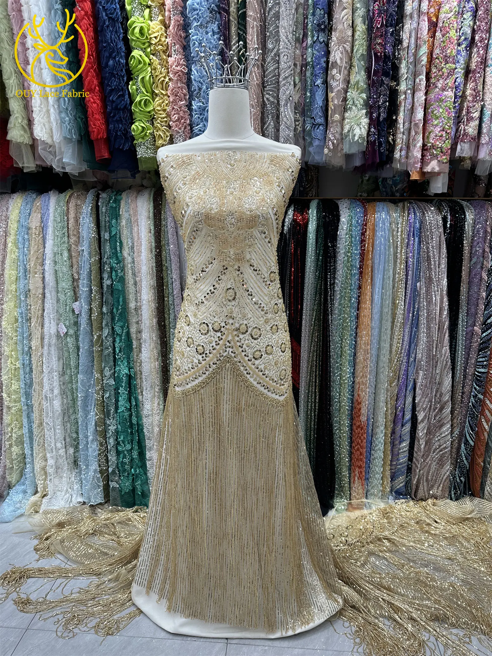 Goldener Afrikanischer Nigerianischer 3D-Perlen-Spitzenstoff 5 Yards Französischer Pailletten-Tüll Stickerei-Kleiderstoff für Damen Party Hochzeit Kleid Nähen – Detail 7
