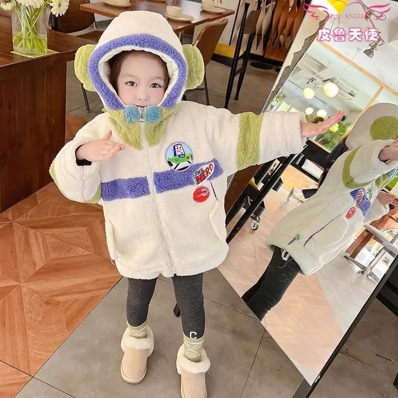 Disney Buzz Lightyear Winter Children'S Plush Thickened Premium Texture Splicing Color Contrasting Hooded Cartoon Cotton Jackets