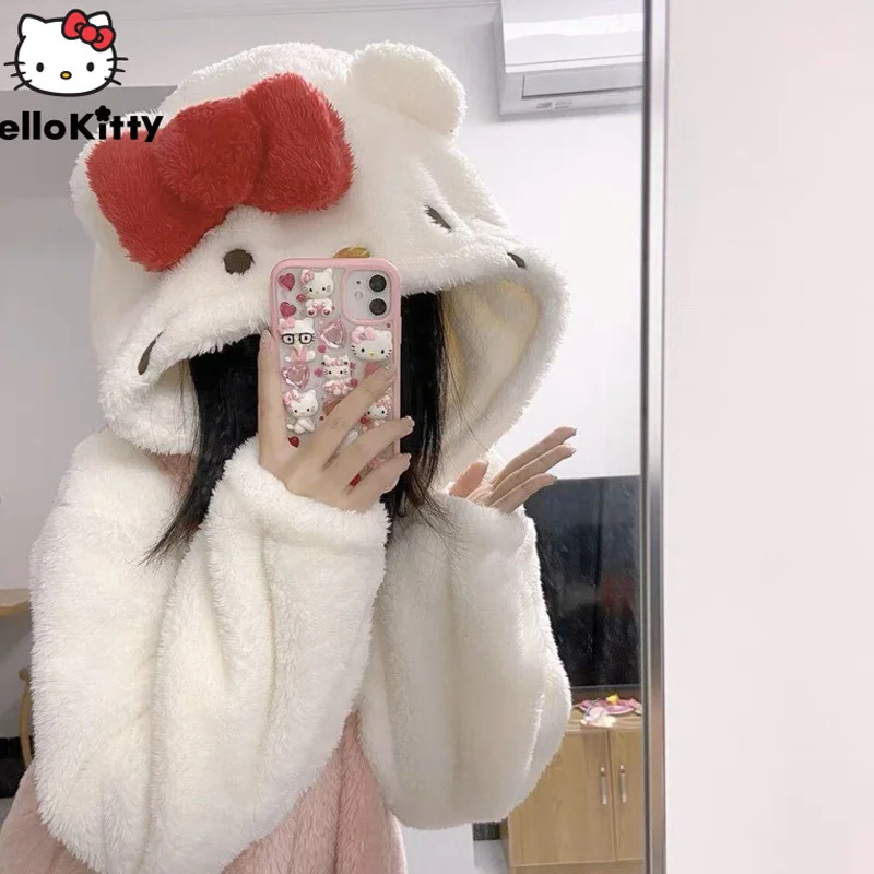 Y2K Cartoon Sanrio Hello Kitty New Plush Home Clothes Women Pajama Robes Hooded Cute Soft Nightgown Female Fuzzy Long Nightdress