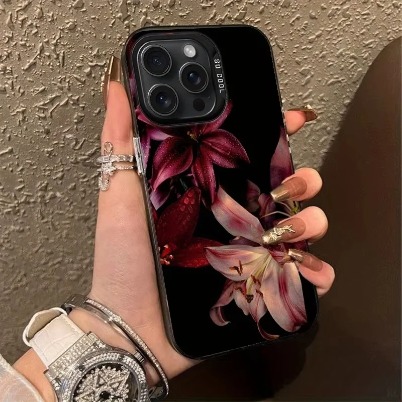 黒いユリの花のフロストケース Samsung Galaxy A36 A35 A34 A32 A30 A26 A25 A24 A23 A22 5G 4G A20 A16 A15 A14 アクリルカバー