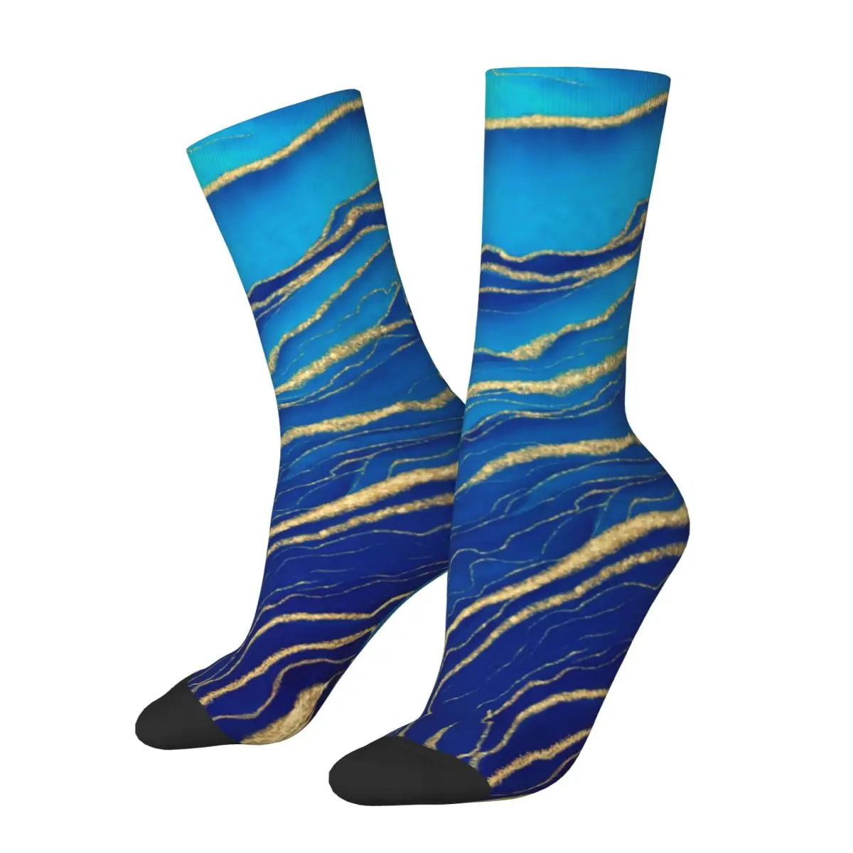 Blaue und goldene flüssige Socken, Marmor, abstrakte Kunst, lässige Strümpfe, Winter, rutschfeste Mädchensocken, atmungsaktive Laufsportsocken