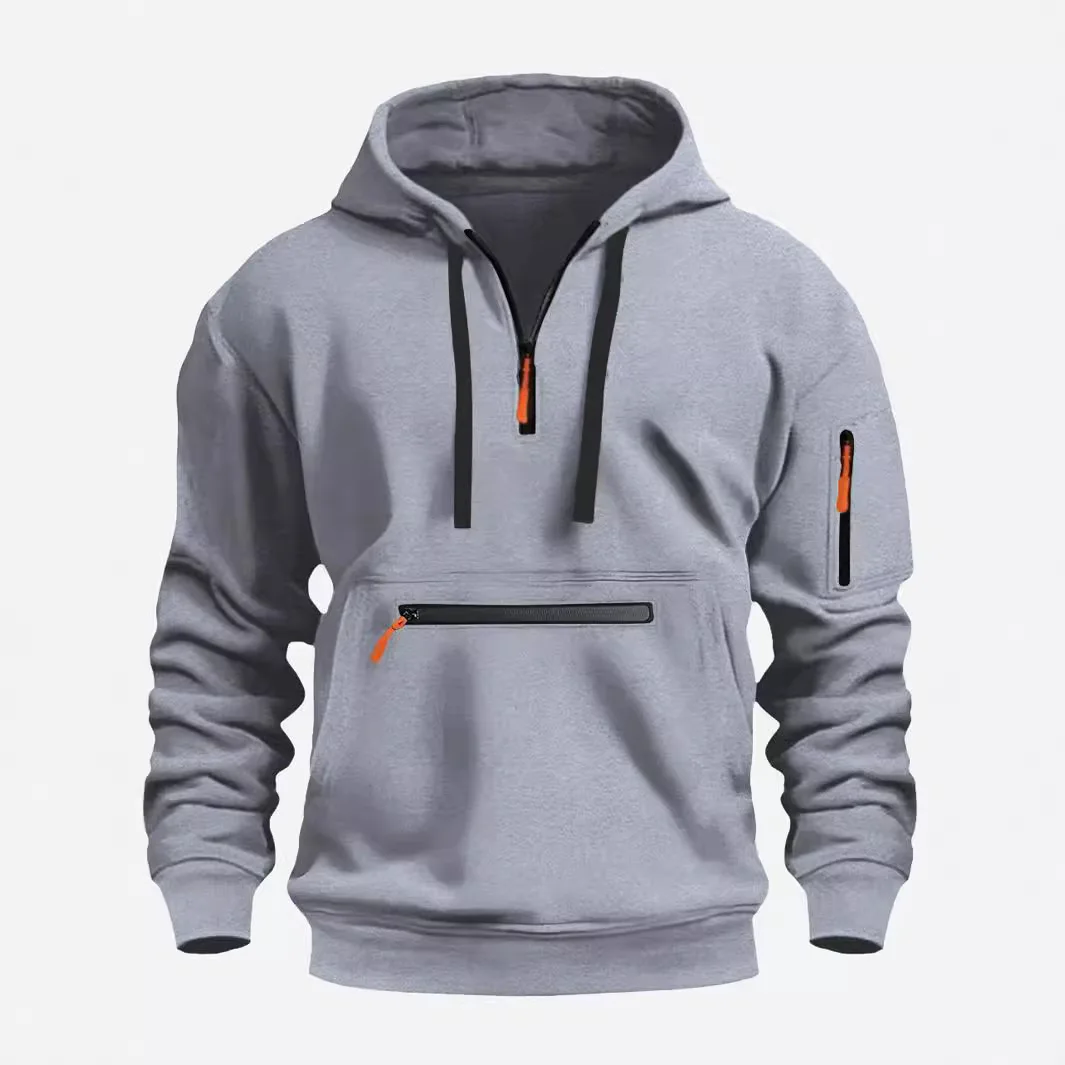 

2025 autumn and winter men's casual sports multi zipper arm pocket hoodie pullover with fleece hoodie