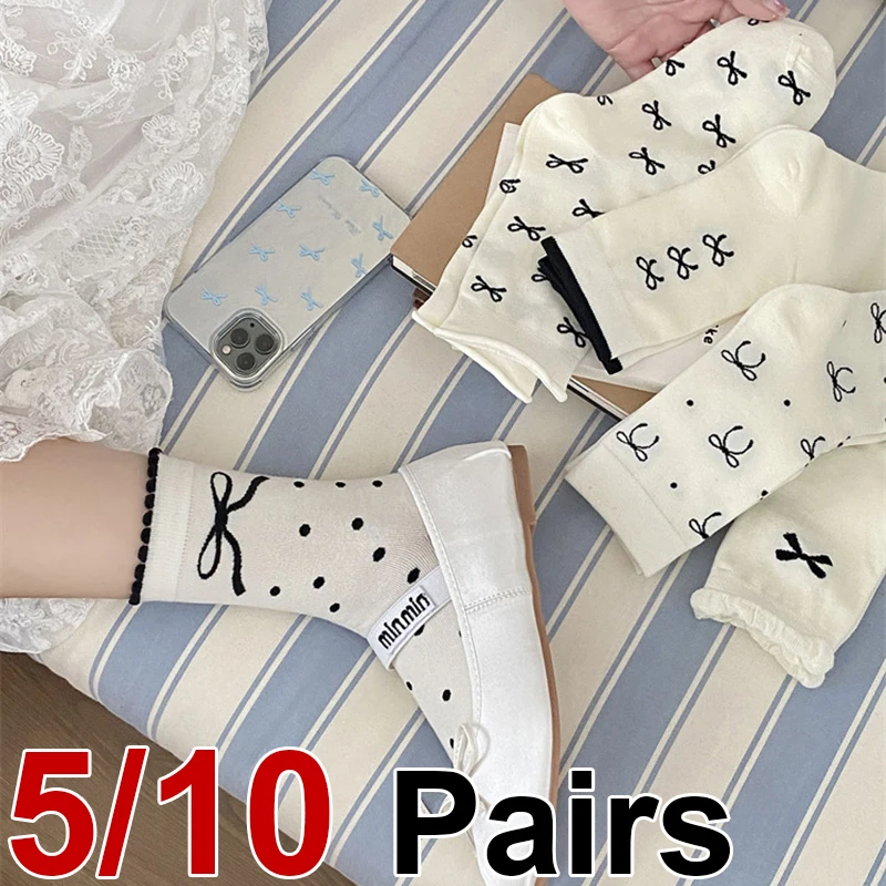 5/10 Paar Damen-Socken mit Schleife und Blumenrand, mittlere Röhre, modischer Polka-Dot-Druck, weich, bequem, für alle Jahreszeiten, lässige Socken