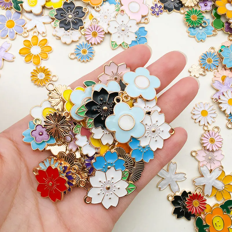 Random Mix 20/30/50pcs Enamel Flower Charms For Jewelry Making Supplies Cute Tulip Rose Flowers Plant Charm Pendant Accessories