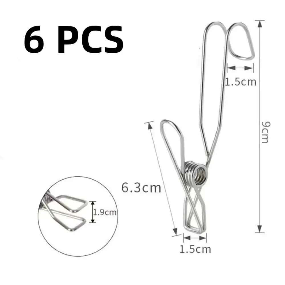 6Pcs Multifunctional Durable Stainless Steel Hanger Clip Organizer Space Saving Long Tail Clip Rustproof Clothes Pegs Closet