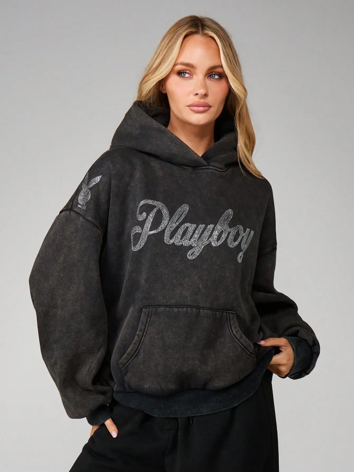 

Oversized Hooded Sweatshirt with Rhinestone Script Logo, Vintage Washed Finish