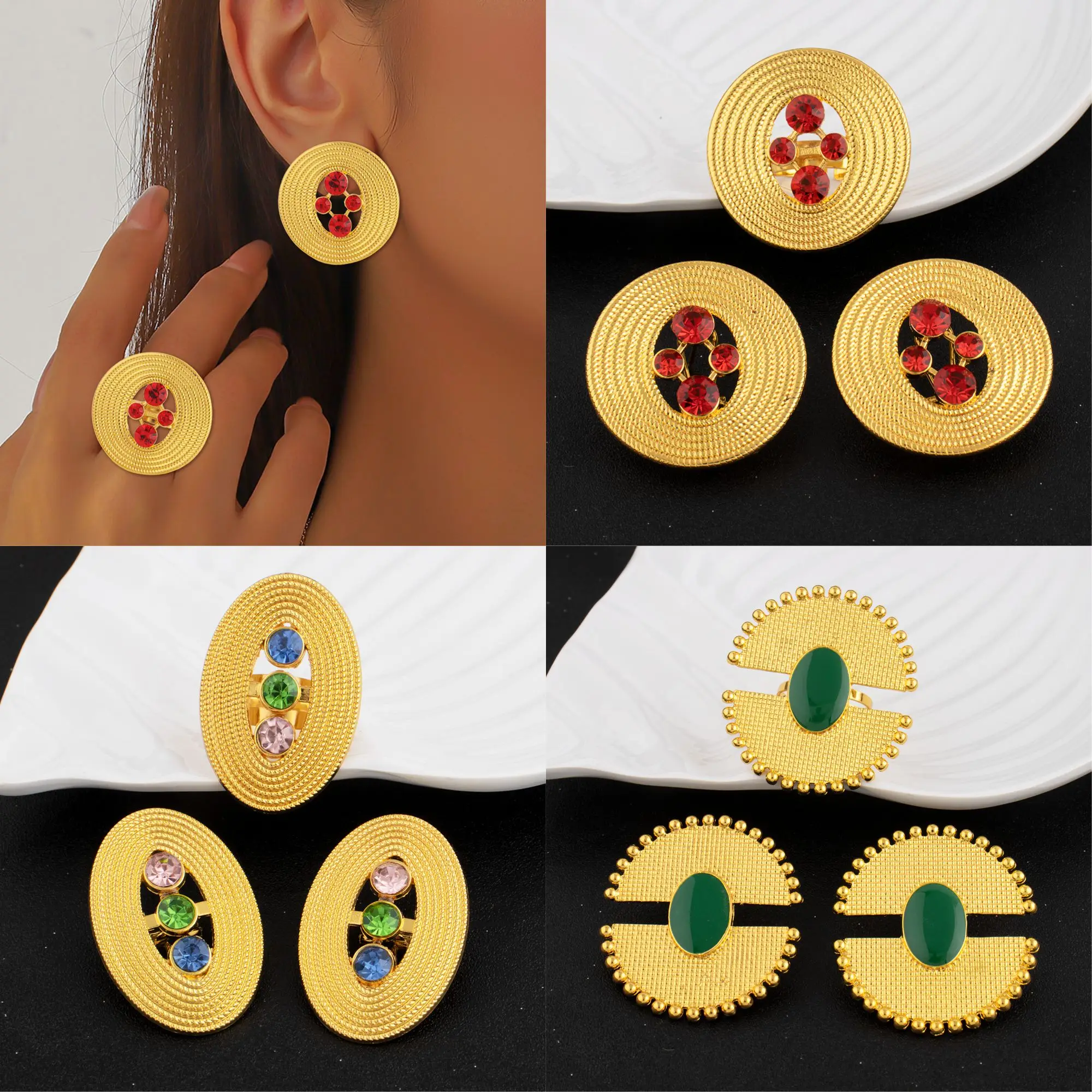 

3 Pcs Elegant Gold Plated Earrings Ring Set for Women Dopamine Gold Color Earrings Adjustable Ring Jewelry Wholesale