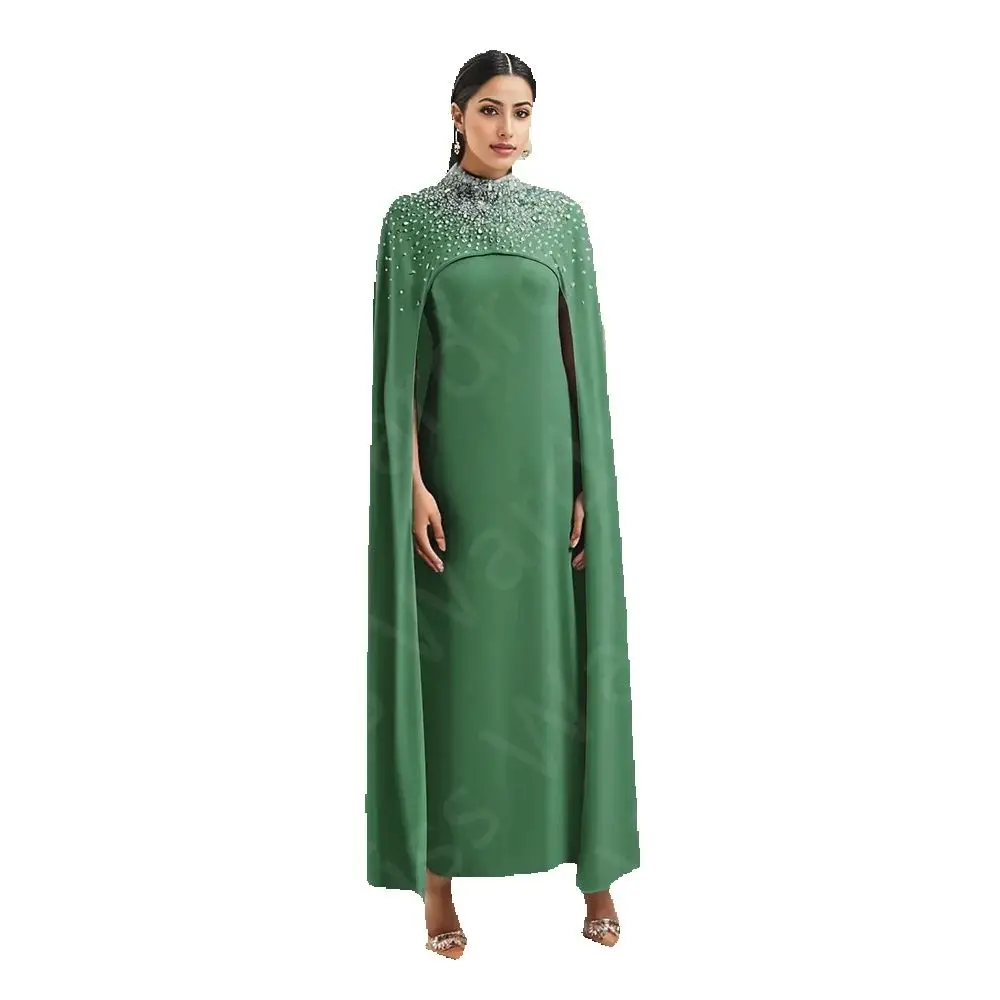 Personalizado clássico verde mãe vestidos árabe mãe da noiva vestidos com capa alta pescoço vestidos de convidados do casamento 2024 frisado