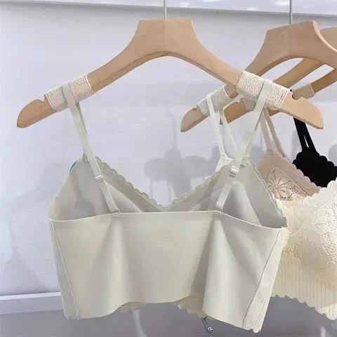 레이스 심리스 브라 언더웨어 스틸 링 없는 아이스 실크 캐미솔 가슴 패드 조끼 이너웨어 가슴 랩 탑