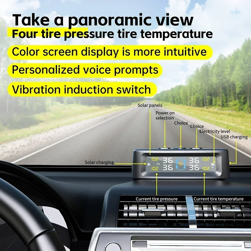 TPMS-Reifendruckkontrollsystem, Auto-Sicherheitsalarmsystem, kabellos, solarbetrieben und USB-betrieben, 4 Sensoren mit digitaler Farbdisplay