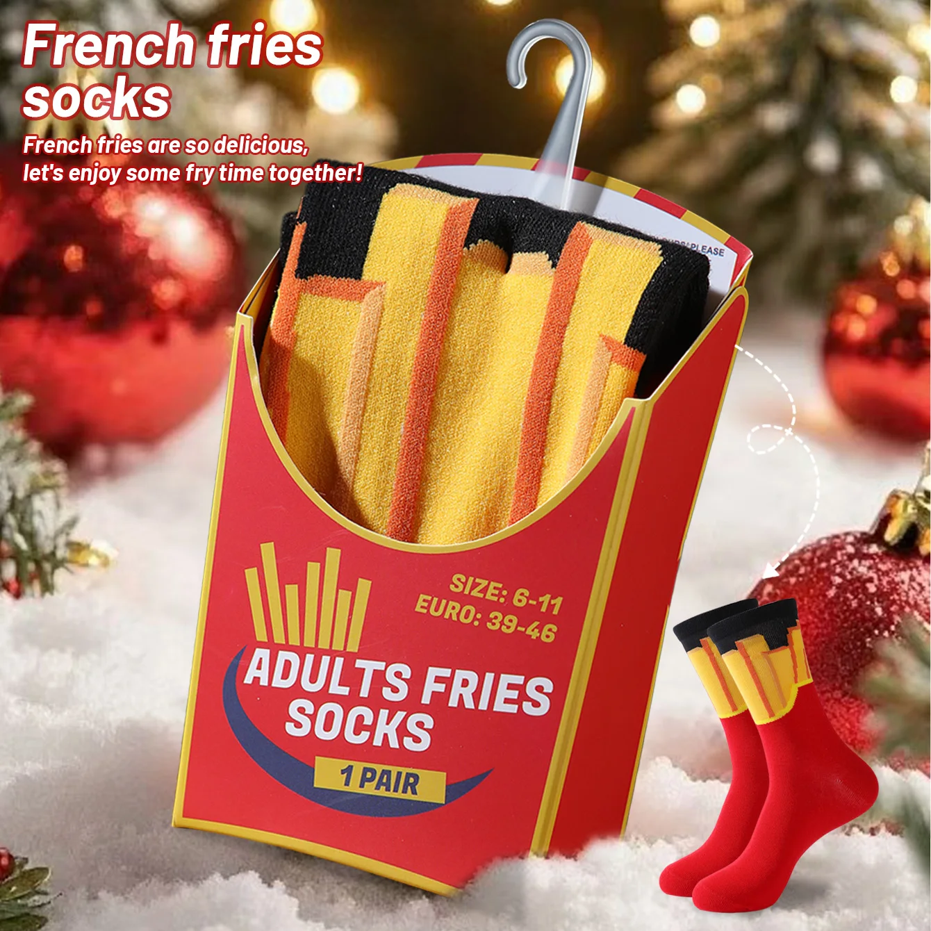1 Pair of Mid-Calf Socks for Men and Women, Novelty and Fun Colorful Red French Fries Gift Box Socks, European and American Fashion Trendy Style, Comfortable and Breathable, Party Casual Novelty Gift, Valentine's Day, Christmas, Santa Claus, Autumn and Winter Style, All-Season Style, Cute and Fun Socks
