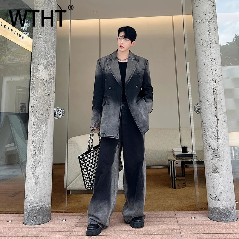 

WTHT Fashion Men's Suit Tie Dye Contrast Color Lapel Jackets High-waisted Loose Straight Jeans Set Male 2025 Summer 2A0763