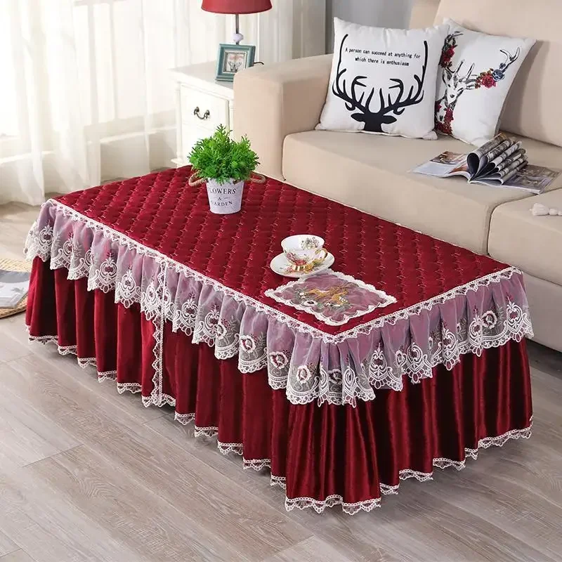Proud Rose Lace Tablecloths Simple Rectangular Living Room Coffee Table Skirt Non-slip Quilted Embroidery TV Cabinet Dust Cover
