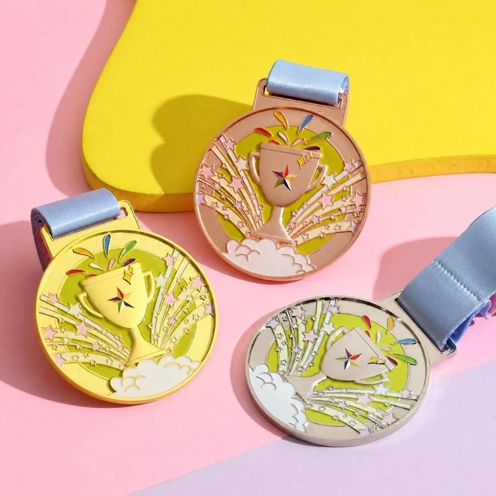 1Pc New Gold Silver Bronze Children's Metal Medals 65mm with Neck Ribbon Competition Medals Sports Medals for Competitions