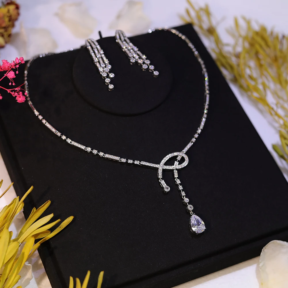 Simple Fashion Dangling Drop white Cubic Zirconia Women Party Wedding Necklace Bridesmaid Gift Brides Jewelry Sets Z016