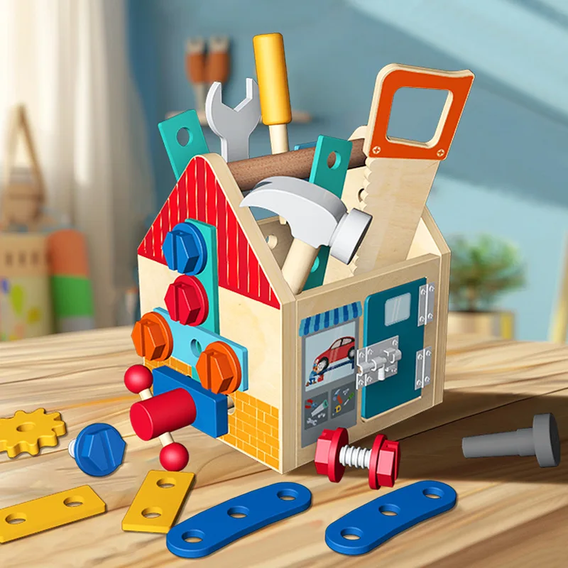 Kids Educational Wooden Tool Kit - Multifunctional Busy Box with Screw & Nut Assembly Disassembly Function