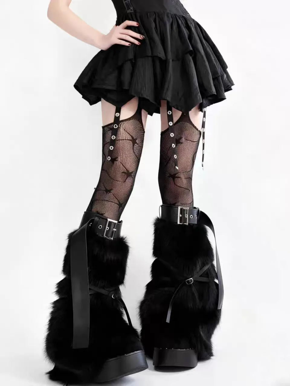 Women Y2K Punk Black Faux Fur Leg Warmers Metal Buckle Strap Winter Fluffy Boot Covers Streetwear Boot Cuffs Accessories
