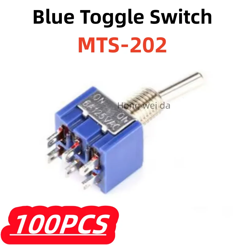 100Pcs/lot 100% New MTS202 Blue Toggle Switch DPDT Double Pole Double Throw 2 Positions ON-ON 250V 3A 125V 6A MTS-202