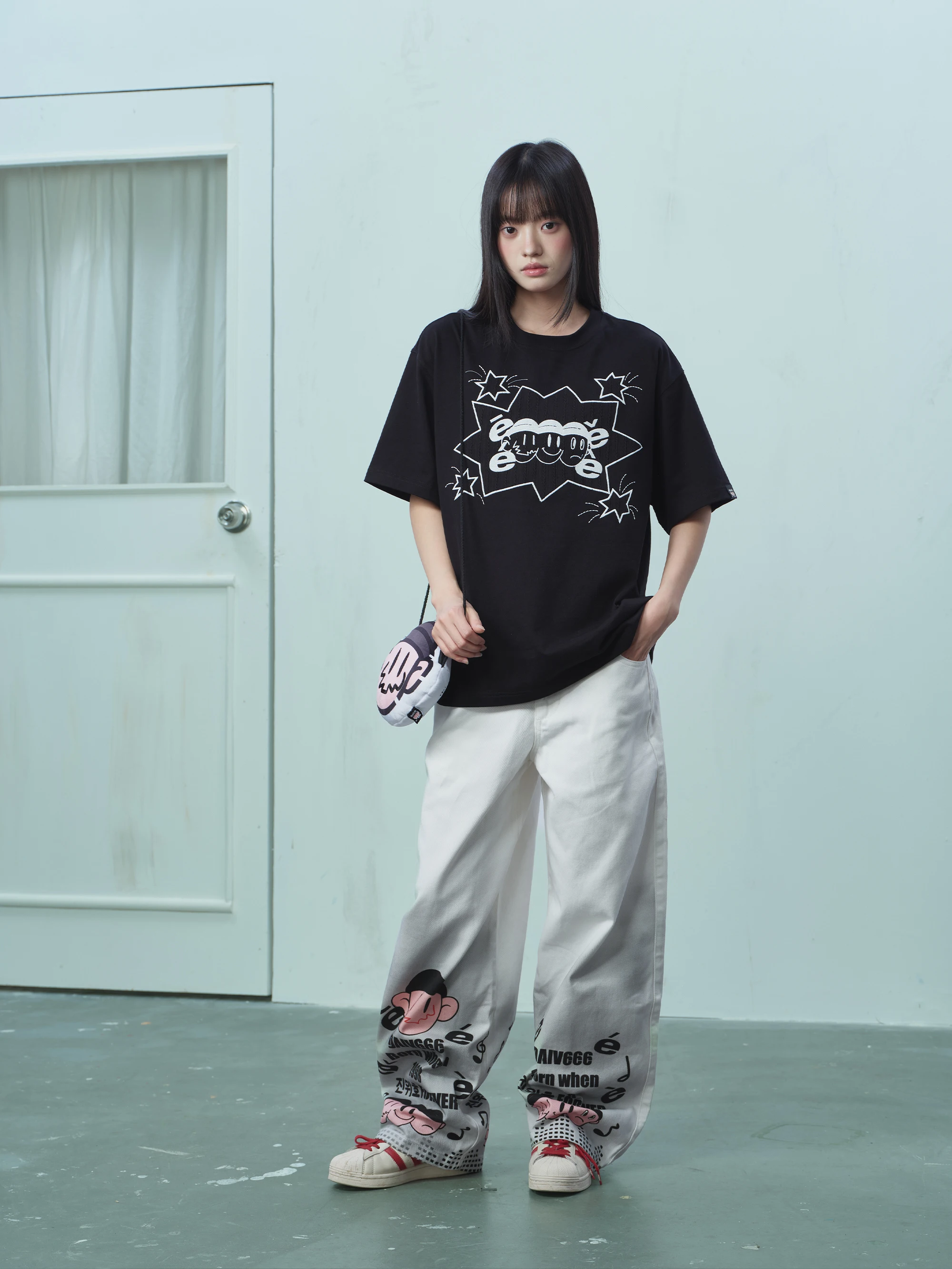 Distressed Look Casual Pants Elastic Waist Graffiti Curved Knife Pants Loose Fit Cotton Straight Leg Summer Collection