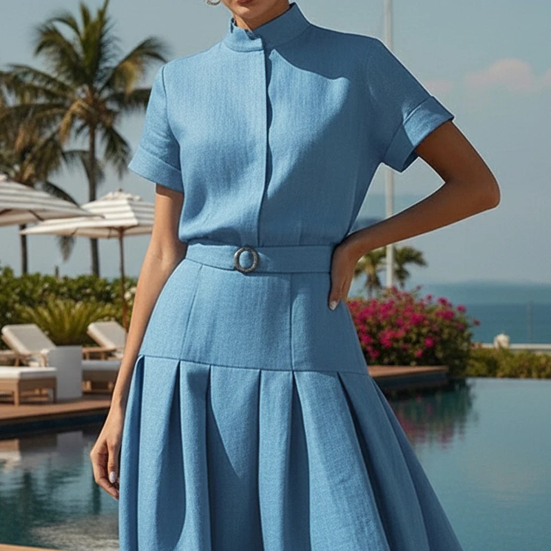 

Cotton Linen Short Sleeves Tops for Woman 2025 Summer Autumn New Mock Neck Women Elegant Vintage Blouses & Shirts Female