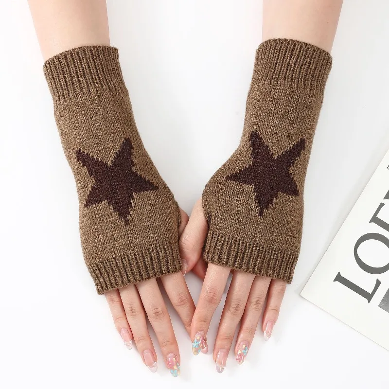 Stylish Womens Warm Soft Knitted Wool Pentagram Pattern Fingerless Gloves Short Arm Sleeves Comfortable Cozy for Autumn Winter