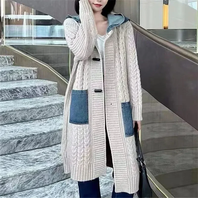 

Long Cardigan Coats Women Mid Length Coat Sweaters Hooded Denim Splice Single Breasted Maxi Loose Open Stitch Autumn Winter