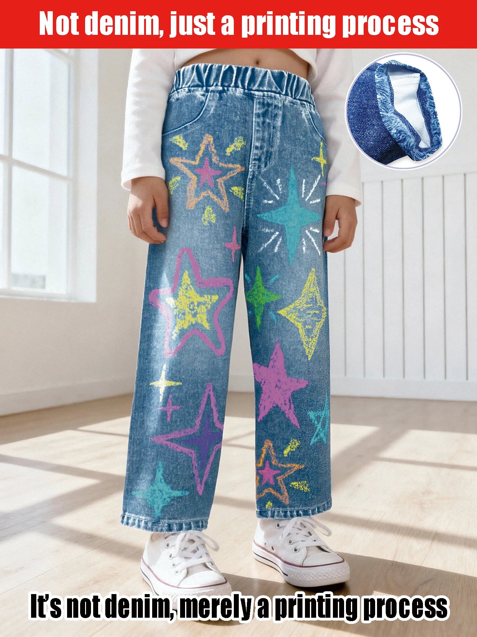 

Girls Colorful Star Print High-Waisted Wide Leg Pants Trendy Simulated Denim Loose Straight-Leg Faux Jeans for Children