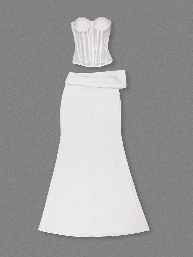 2025, zweiteiliges Set für Damen, weiße Röcke, sexy, trägerloses Crop-Korsett + plissierte Falten, schmale Röcke, Sets, Abendparty, Cocktail-Anzüge