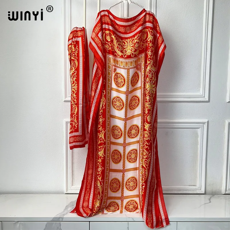 WINYI Dress Length:145cm New Fashion dresses with scarf Bohemia Print Dashiki Women Long kaftan summer Color Pattern robes DRESS