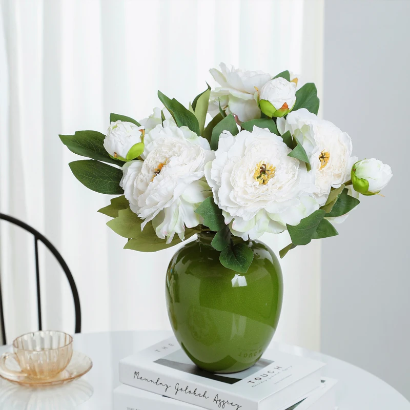 Nordic Ceramic Simple Green ice crack Vases, Home Dining Table Living Room Bedroom Office Tabletop Decorations, Flower Ware, 1Pc