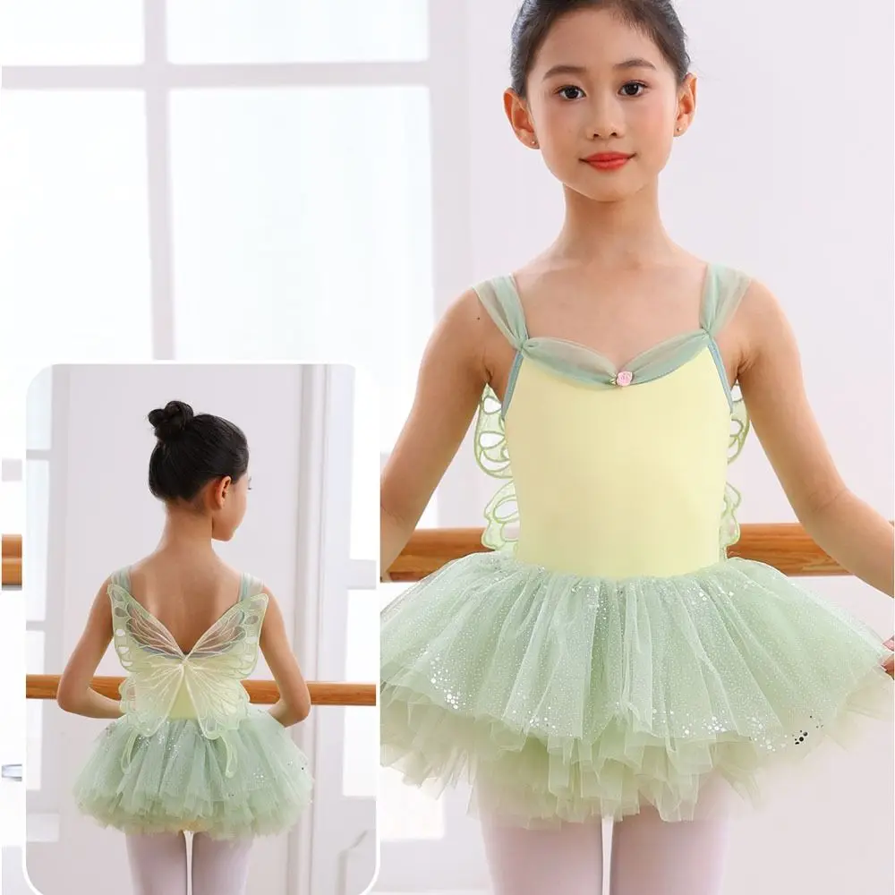 シフォンスカートチュチュ体操レオタード、キャミソールスタイルの通気性のあるバレエレオタード、蝶の形のノースリーブデザイン