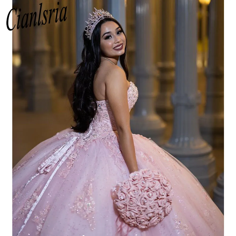 Roze Quinceanera Jurken Tulle Kant Applicaties Birthday Party Baljurk Prinses Zoete Glitter Vestido De 15 Años