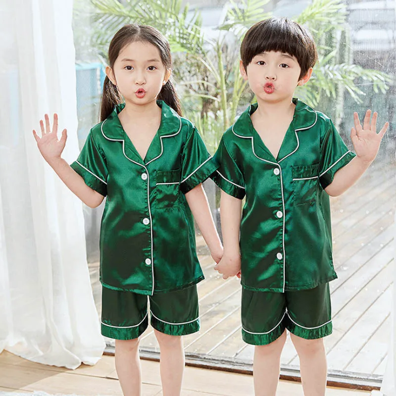 2024 Red Satin Silk Pajamas Sets for Boys Girls 2 to 3 4 5 6 7 8 9 10 11 12 13 14 Years Long Sleeve Kids Night Wear Suit Clothes