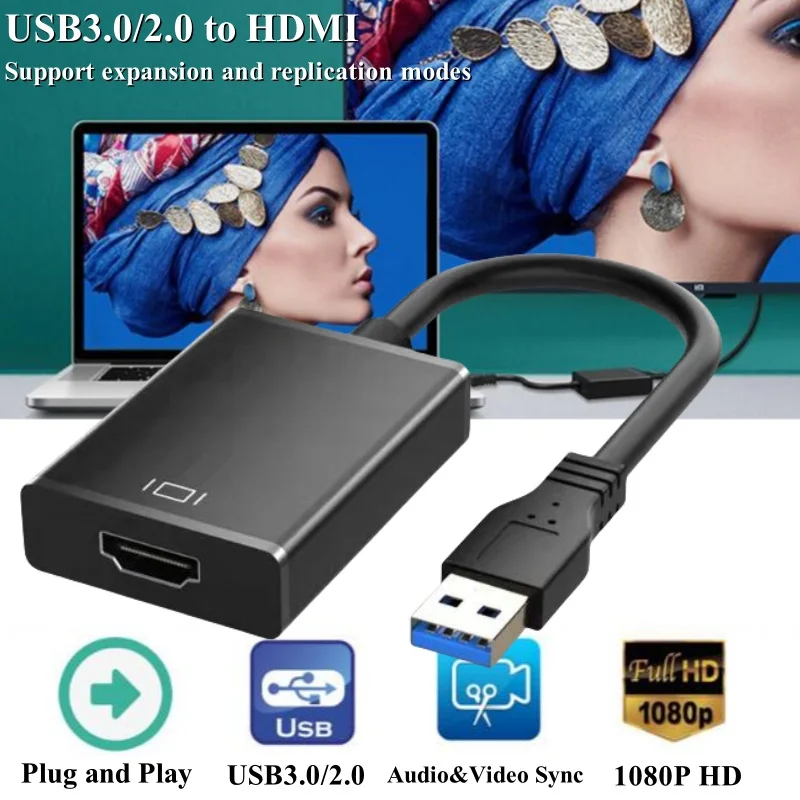 HD 1080P USB to HDMI 어댑터 호환 USB 3.0/2 to HDMI 오디오 및 비디오 동기화, 듀얼 스크린 디스플레이 컨버터 프로젝터, PC 노트북 TV